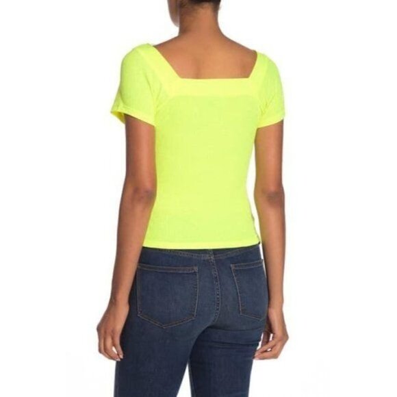 NEW Good Luck Gem Neon Yellow Ribbed Square Neck Short Sleeve M - Picture 2 of 5